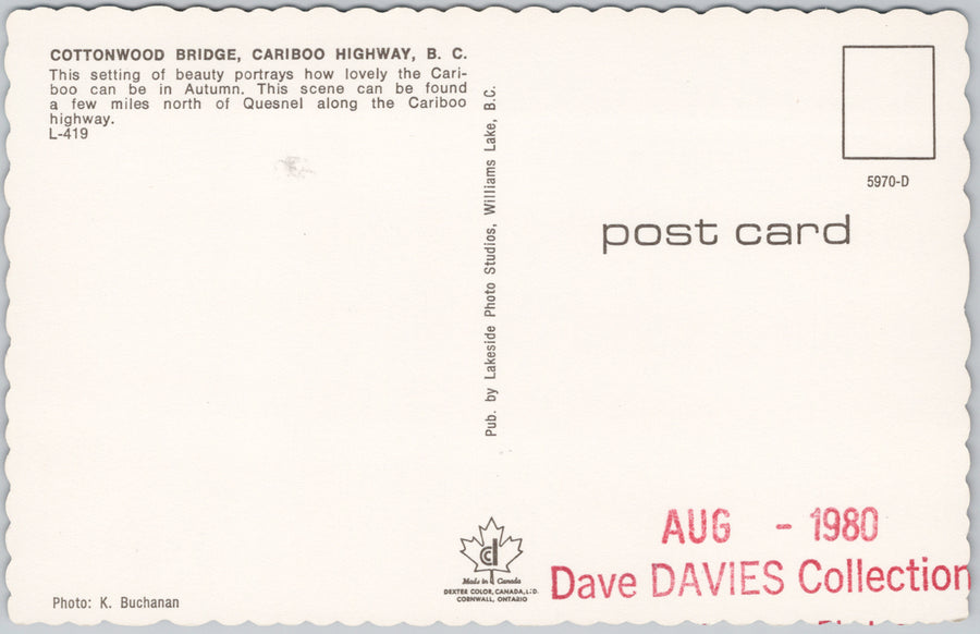 Cottonwood Bridge BC British Columbia Cariboo Region Postcard SP21