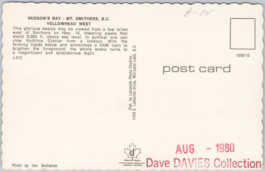Hudson's Bay Mt Smithers Yellowhead West BC British Columbia Dexter Chrome Postcard SP21