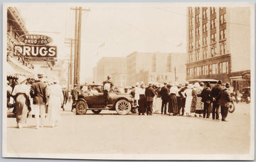 Winnipeg Manitoba Street Scene Winnipeg Drug Co Sign People Auto MB Canada 1924 RPPC Postcard 