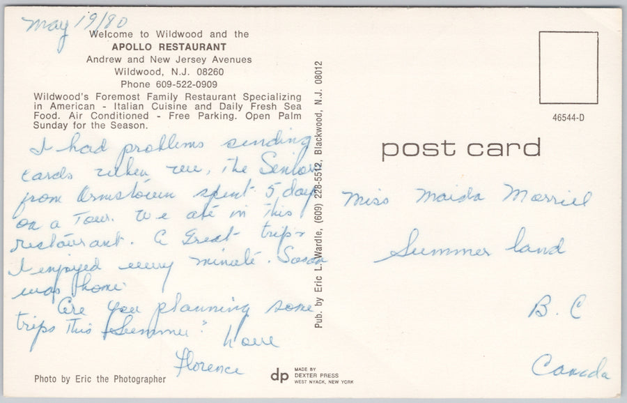 Apollo Restaurant Wildwood NJ New Jersey USA Postcard SP21