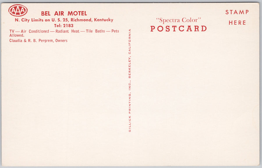 Bel Air Motel Richmond Kentucky US 25 KY USA Postcard SP21