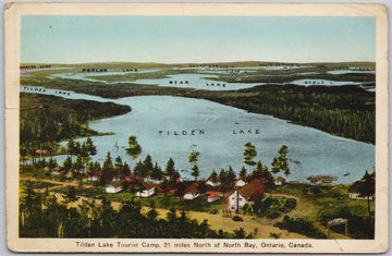 Vintage postcard of Tilden Lake with surrounding area and tourist camp, North Bay, Ontario, Canada.