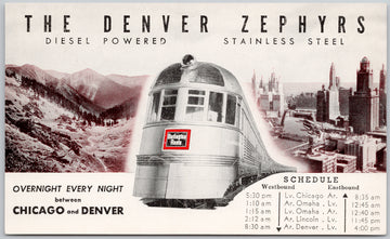 The Denver Zephyrs Diesel Stainless Steel Train Denver to Chicago Zephyr Burlington Route Advertising Postcard 