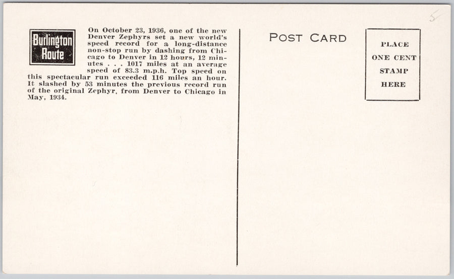 The Denver Zephyrs Diesel Stainless Steel Train Denver to Chicago Zephyr Burlington Route Advertising Postcard SP21