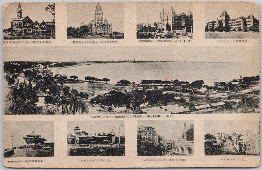 Bombay India from Malabar Hill Mumbai Multiview Yacht Club Jackeria Musjid Victoria Terminus GIPR Crawford Market High Court Postcard