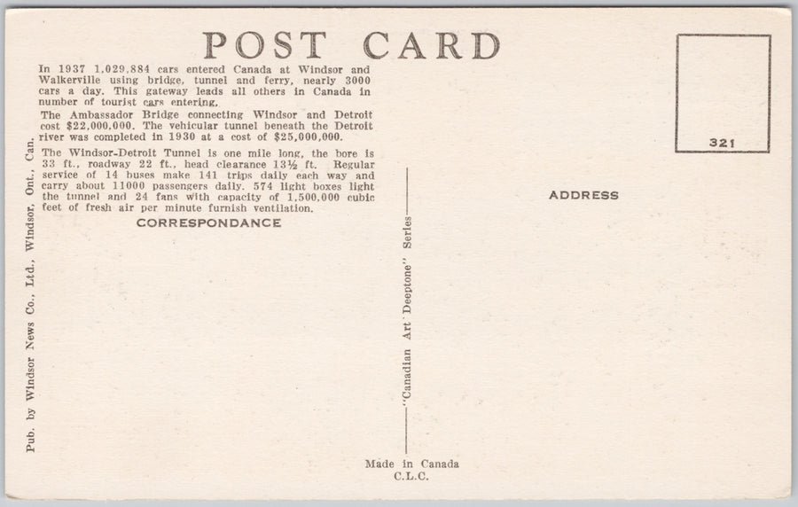 Bridge Tunnel and Ferry between Detroit MI and Windsor ON Canada  Postcard SP21