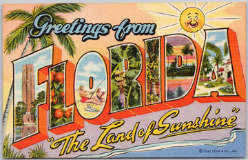 Greetings from Florida Large Letter Land of Sunshine USA Linen Postcard 