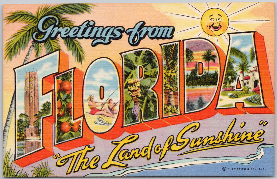 Greetings from Florida Large Letter Land of Sunshine USA Linen Postcard 