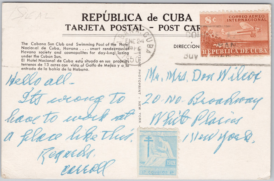 Havana Cuba Hotel Nacional de Cuba Cabana Sun Club & Swimming Pool 8 cent Correo Aereo Stamp & 1949 Hospital Tuberculosis Stamp Seal Postcard SP21