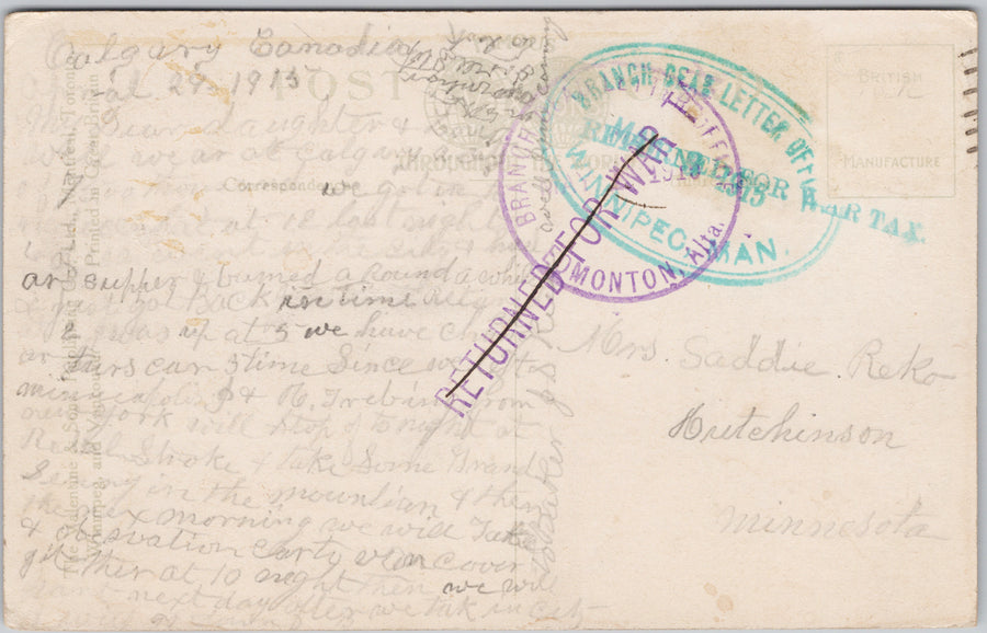 City Hall Calgary Alberta DLO Dead Letter Office Winnipeg & Edmonton Branches 'Returned for War Tax'  Postcard SP21