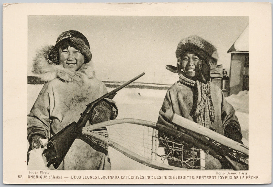 Alaska Indigenous Children With Gun Eskimo Catechized by Jesuit Fathers Missions Postcard 