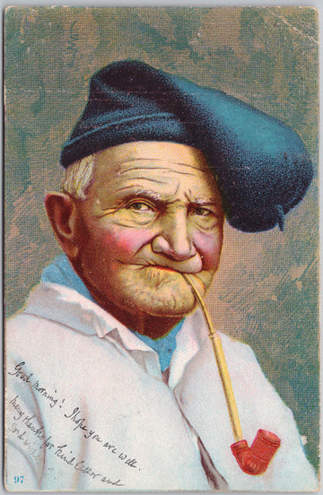 Older Man with Pipe Blue Hat Italy ? Italian Stamp Postcard 

