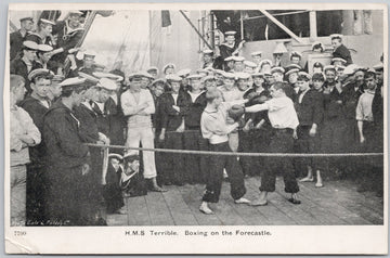 Boxing match on a ship with sailors watching.