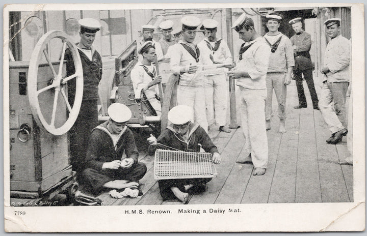 HMS 'Renown' Making a Daisy Mat Royal Navy Sailors Postcard 