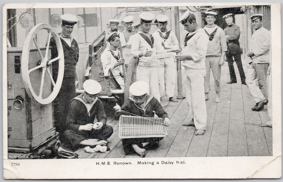HMS 'Renown' Making a Daisy Mat Royal Navy Sailors Postcard 