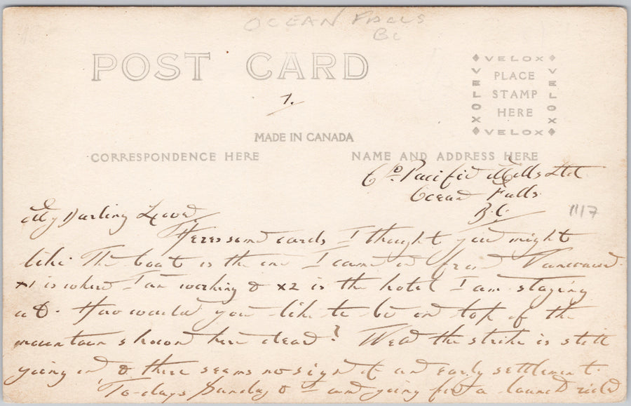Ocean Falls BC Unidentified Steamship Ship Paper Mills RPPC Postcard 