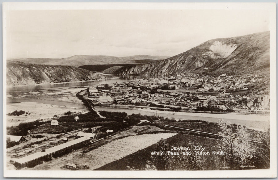 Vintage black and white photograph of Dawson City, White Pass, and Yukon Route.