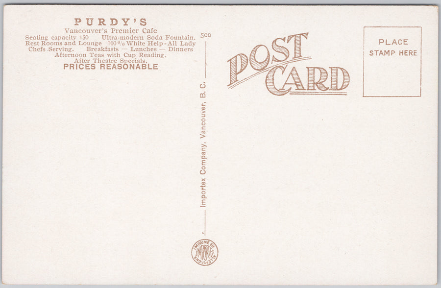 Purdy's Cafe Vancouver BC Restaurant  Postcard 