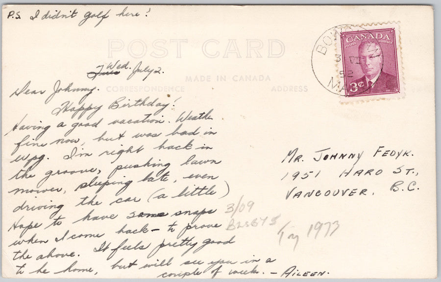 Golf Club House Clear Lake Manitoba Riding Mountain Park 1950s Bowsman Manitoba Cancel RPPC Postcard 