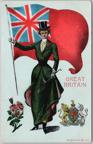 Great Britain Patriotic British Woman Hat Red ensign Flag Lady Crest Postcard 