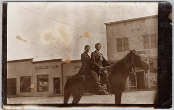 Two Men on Horseback Soldier ? Post Office Canadian Bank of Commerce Macleod Alberta ? RPPC Postcard SP21