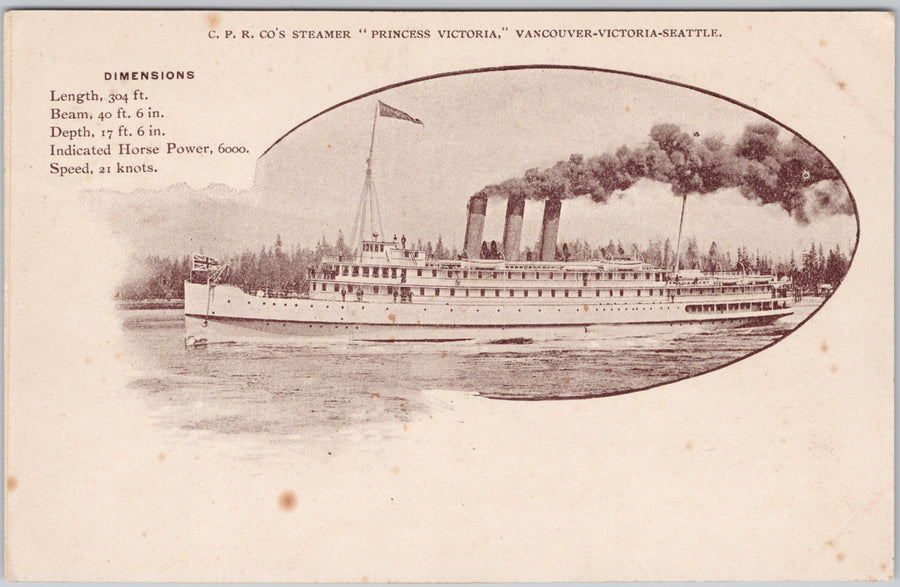 SS 'Princess Victoria' Steamer Vancouver Victoria Seattle Postcard 