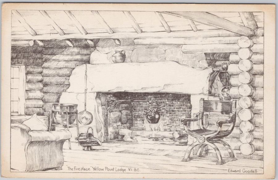 Yellow Point Lodge Fireplace Near Nanaimo Vancouver Island BC 1940s Edward Goodall Postcard 