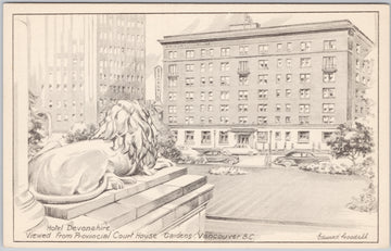 Hotel Devonshire Vancouver BC from Court House Gardens Lion Statue 1940s Edward Goodall Postcard 