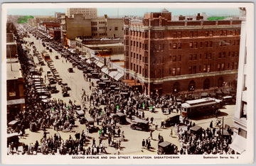  Saskatoon Saskatchewan 2nd Ave & 24th Street Streetcar Autos King George Hotel Steele's Studio Camera Products RPPC Postcard 
