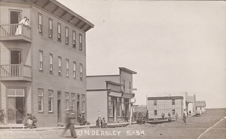 Kindersley SK Main Street The Seymour Hotel Post Office Canadian Bank of Commerce 1910 Neepawa Cancel Scarce Historical RPPC Postcard SP22