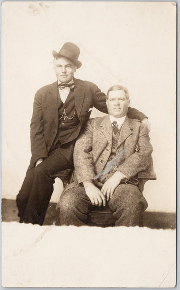 Studio Portrait of Two Men Saskatoon SK Schwartzenbine Studio RPPC Postcard