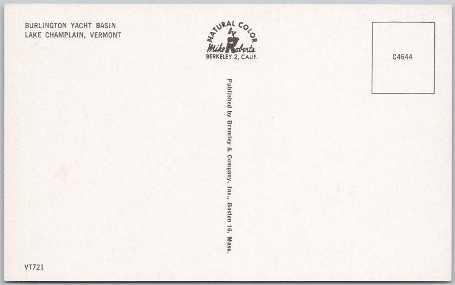 Burlington Yacht Basin Lake Champlain VT Vintage Litho Postcard