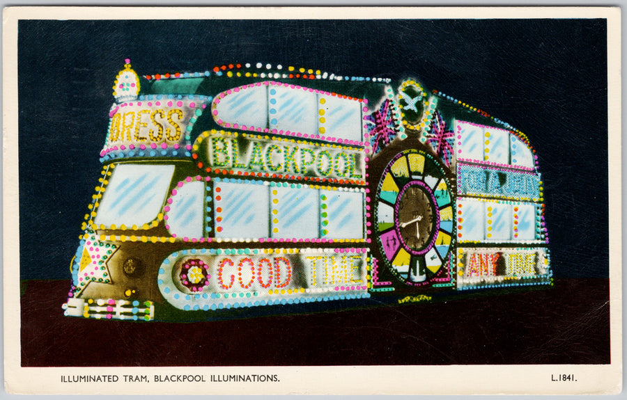 Illuminated Tram Blackpool Illuminations UK 1956 RPPC Postcard 