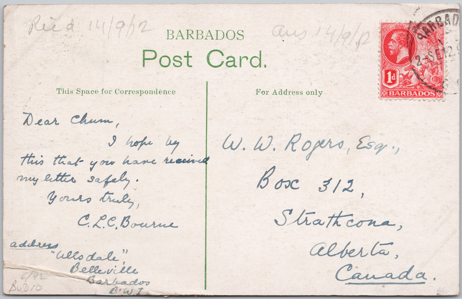 Map of Barbados List of Parishes 1912 to Strathcona Alberta Postcard 