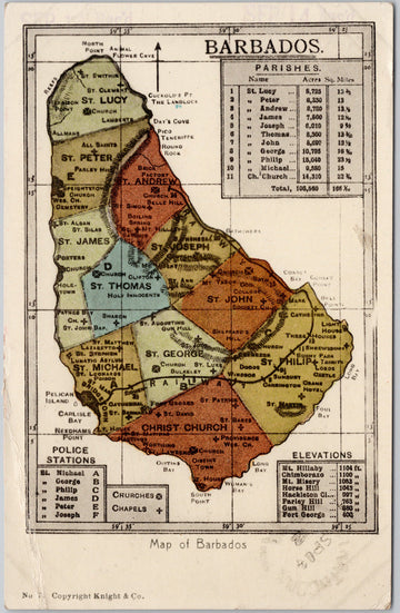 Map of Barbados List of Parishes 1912 to Strathcona Alberta Postcard 