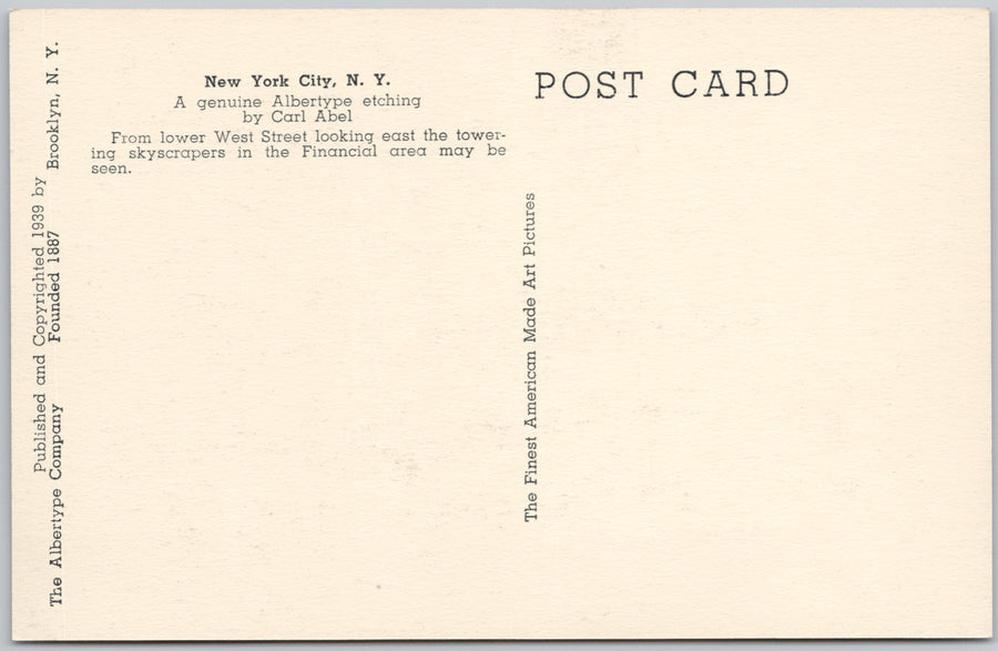 1939 New York City Downtown Skyscrapers from West Street Etching by Carl Abel Postcard SP22