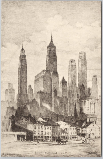  1939 New York City Downtown Skyscrapers from West Street Etching by Carl Abel Postcard