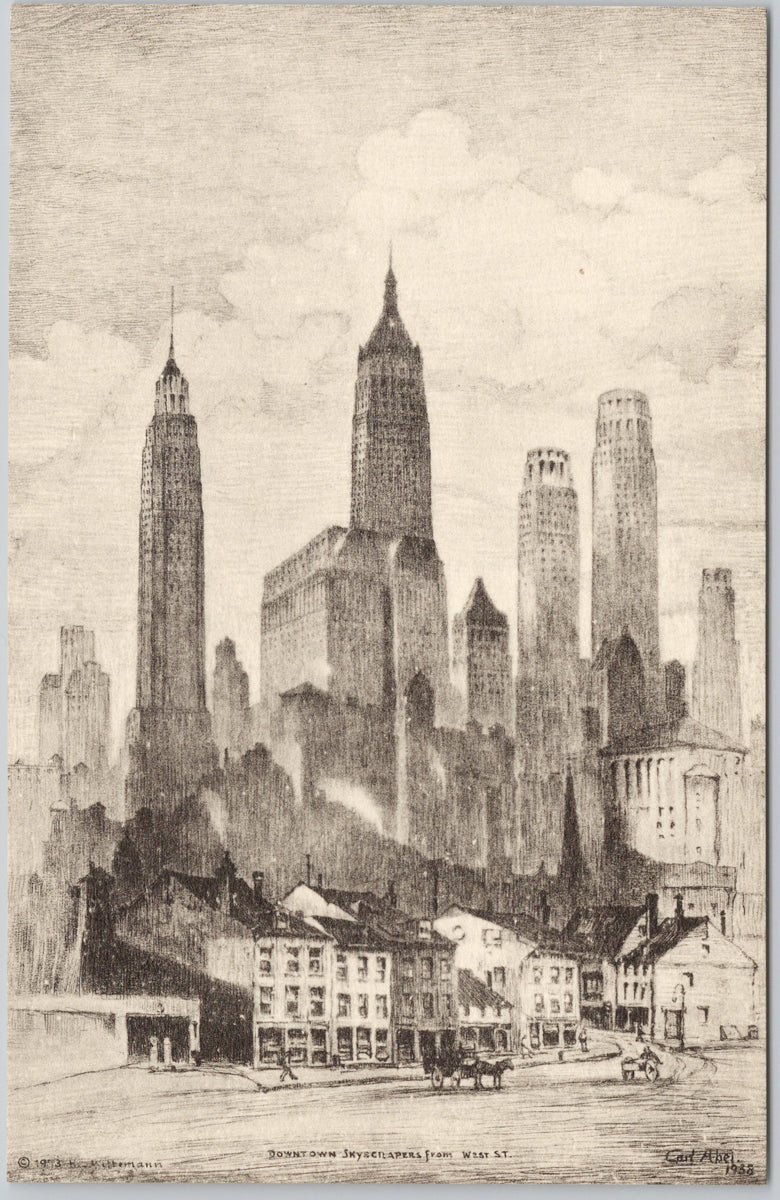  1939 New York City Downtown Skyscrapers from West Street Etching by Carl Abel Postcard