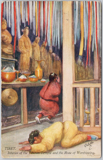 Tibet Interior of Tibetan Temple Worshipping 1905 Hull Cancel Tuck Postcard 