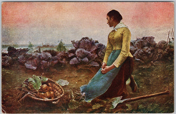 Woman in Garden with Basket Vintage H. Koch Lithograph Postcard