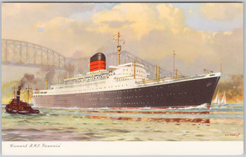 Cunard RMS Saxonia Ocean Liner Painted Maritime View Tugboats c1950s Postcard 