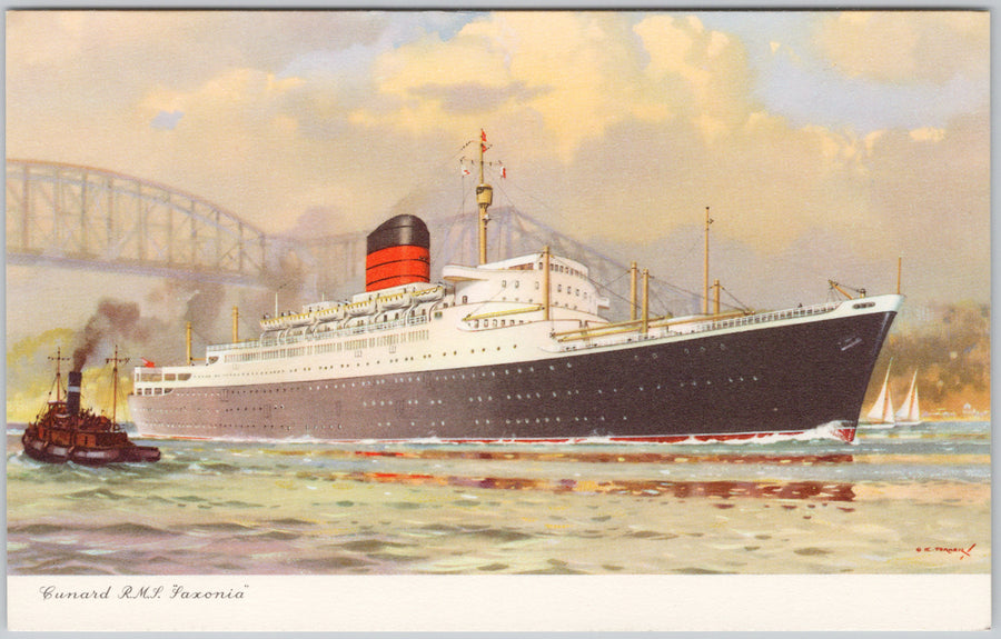Cunard RMS Saxonia Ocean Liner Painted Maritime View Tugboats c1950s Postcard 