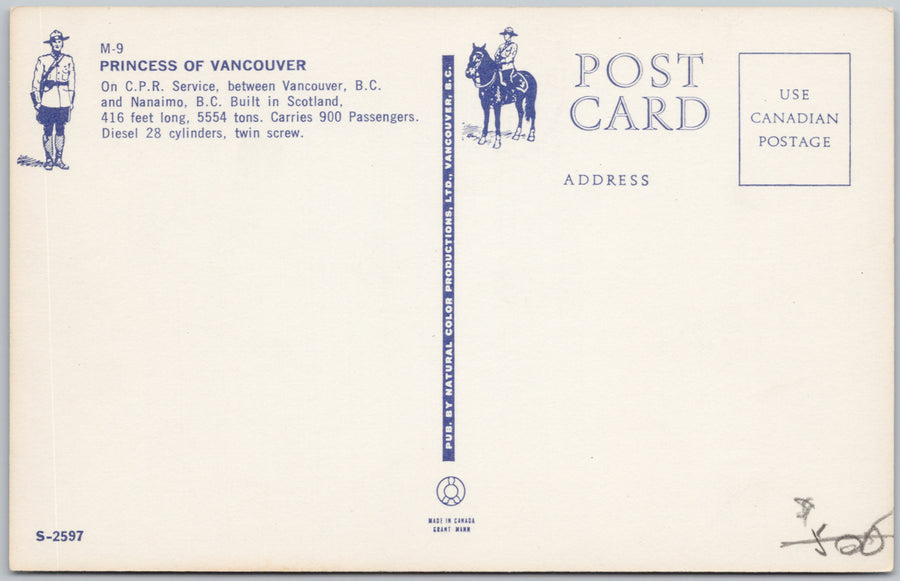 SS Princess of Vancouver CPR Ship Vancouver and Nanaimo Unused Vintage Postcard SP22