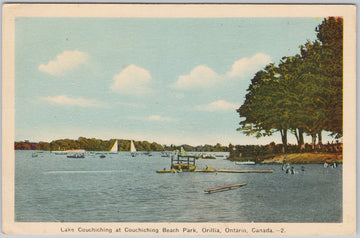 Lake Couchiching Beach Orillia Ontario Sailboats Unused PECO Postcard 