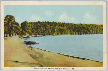 Bass Lake near Orillia Ontario Boats 1940s PECO Postcard