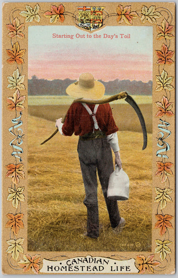 Canadian Homestead Life Farmer with Scythe Agriculture Patriotic Postcard 