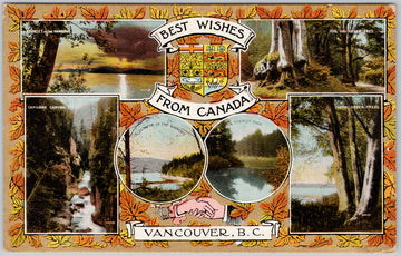 Vancouver BC Best Wishes From Canada Patriotic Postcard 