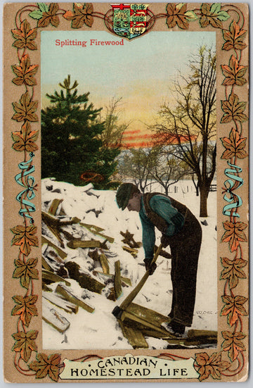 Canadian Homestead Life Man Splitting Firewood Ax Patriotic Postcard 