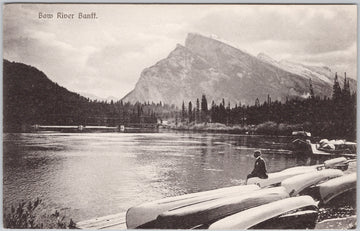 Bow River Banff Alberta Man Sitting Canoes J. Howard Chapman Postcard 