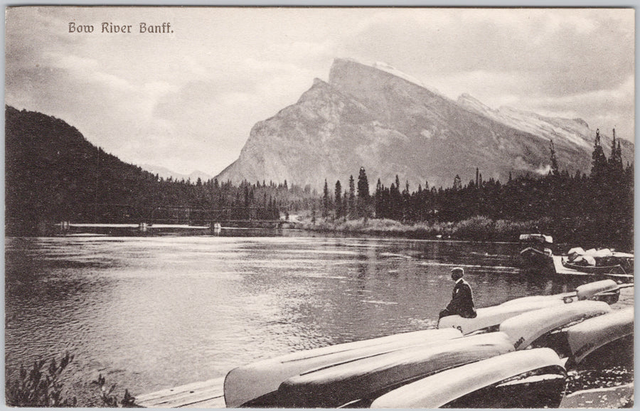 Bow River Banff Alberta Man Sitting Canoes J. Howard Chapman Postcard 